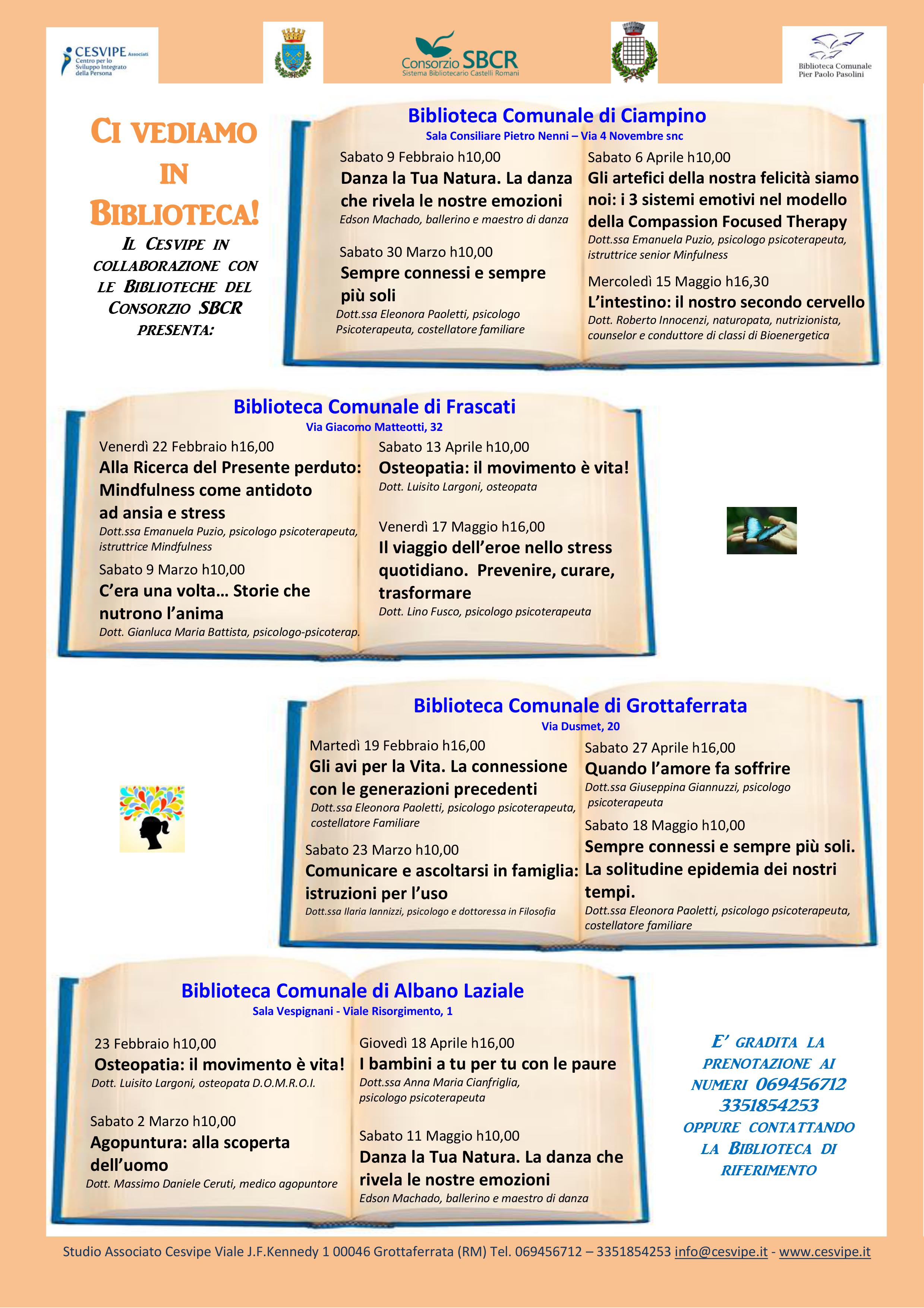 Locandina dell'evento: riporta il calendario degli incontri che si terranno in varie biblioteche del Consorzio SBCR.