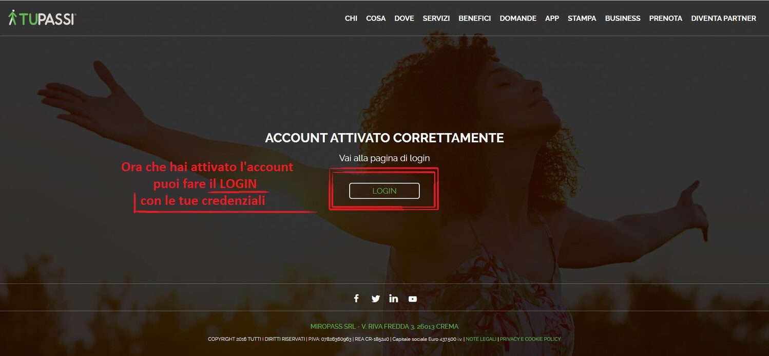 Schermata di attivazione account