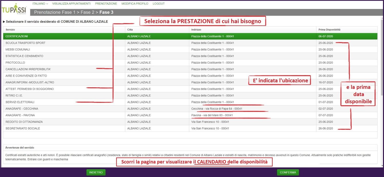 Elenco dei servizi prenotabili