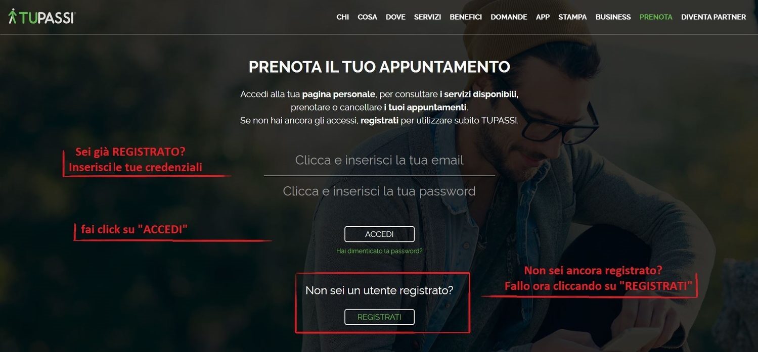 Schermata per l'accesso o la registrazione